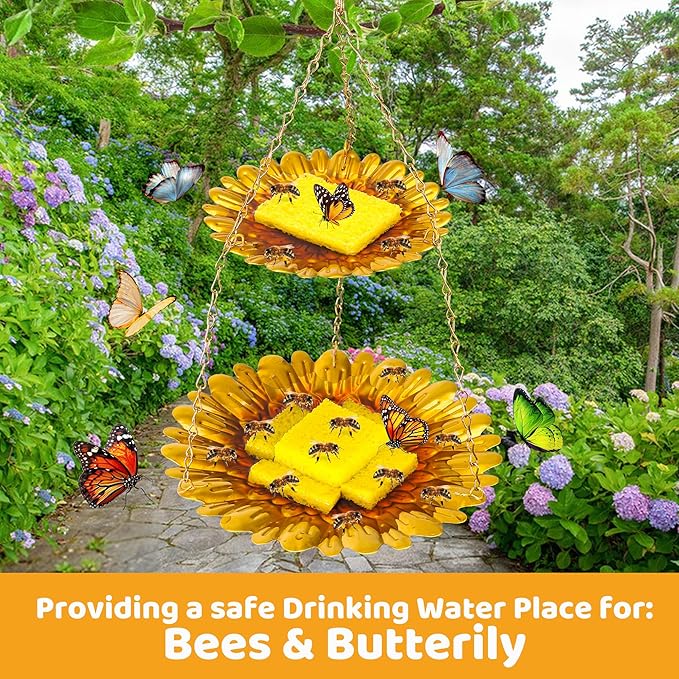 DECOHS Double-Deck Bee Feeder with Vivid Flower Design, Anti-Rust Iron Butterfly Bee Watering Stations with 2 Sponge, Hanging Butterfly Bath Bowl Bee Drinking Cup for Garden Yard Outdoor Decor