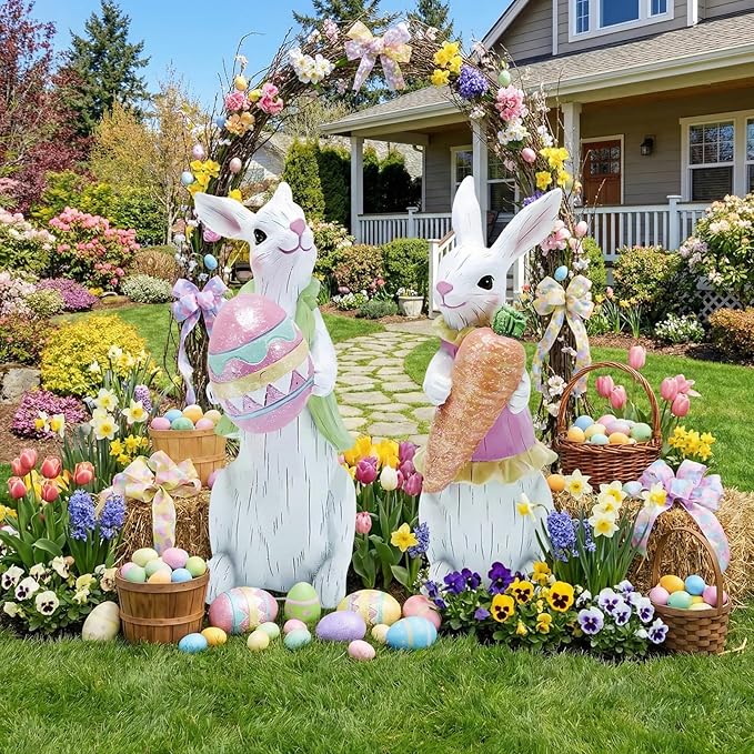 2 PCS Large Easter Decorations Outdoor Easter Yard Signs Easter Yard Decorations with Metal Stakes Bunny Decorations Easter Outdoor Garden Sign Waterproof Lawn Signs for Pathway Walkway