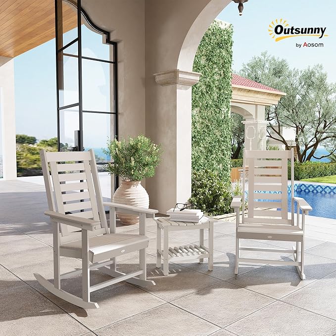 Outsunny Outdoor Rocking Chairs Set of 2, HDPE Patio Rocking Chairs with 28" High Back and Wide Armrests, All-Weather Slatted Porch Rockers for Garden, Balcony, Fire Pit, White