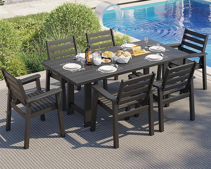AMERLIFE 7-Piece HDPE Outdoor Dining Set with Umbrella Hole, 71" L Patio Table and Chairs Set for 6, Modern Garden Dining Set for Backyard, Poolside, Porch, Black