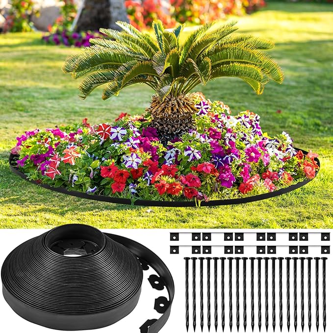 Sasylvia 3'' x 200' Landscape Edging Kit Edging Border Coil Include 120 Anchoring Spikes 10 Connectors Plastic Garden Border for Lawn Garden Grass Yard Home(Black)
