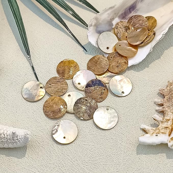 Firstmeet Shell Beads 65pcs Natural 20mm Flat Round Mussel Shell Coin Drop Charm Beads with Iridescent Back for Handcraft Jewelry Making(DIY-1023-Sand-20)