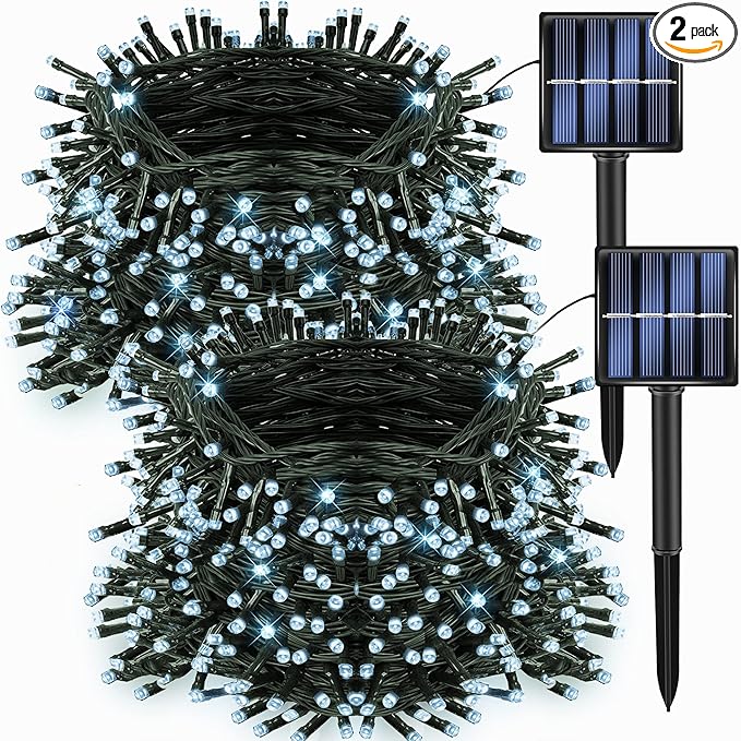 Dazzle Bright 2 Pack Total 400LED 132FT White Christmas Solar String Outdoor Lights, Solar Powered with 8 Modes Waterproof Fairy Lights for Bedroom Patio Garden Tree Party Yard Decoration
