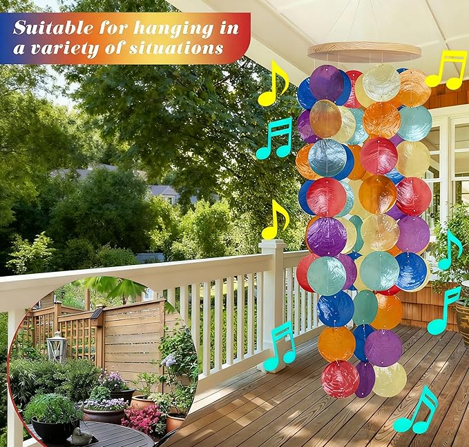 Handcrafted Shell Wind Chime - 20 Inch Rainbow Light Colorful Sea Glass Wind Chimes for Outside, Indoor Garden Coastal Decor, Wind Chimes for Outside Clearance Great Gift, Nature Lovers
