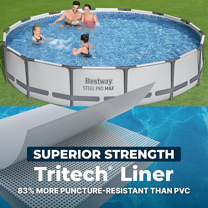 Bestway Steel Pro MAX 14' x 33" Round Above Ground Swimming Pool Set, 530 GPH Filter Pump, Tritech Puncture Resistant Liner, ClickConnect Steel Frame, Gray