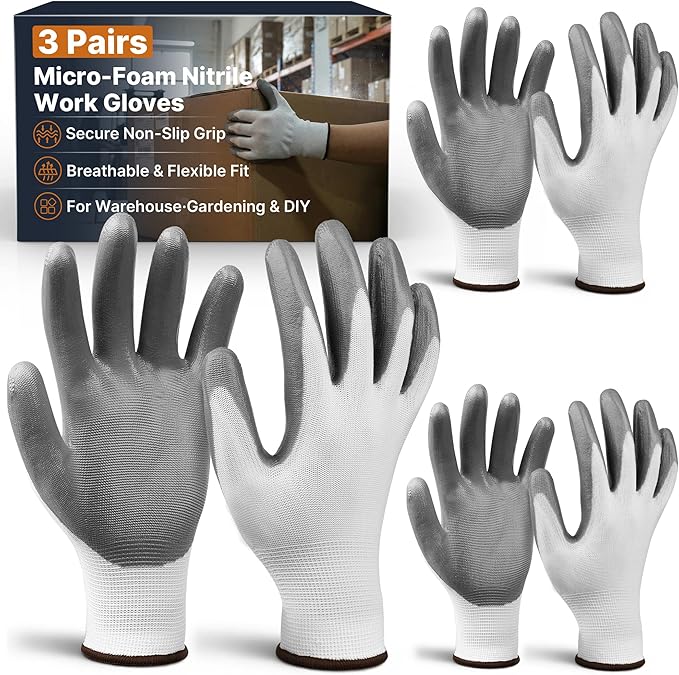Discount Parts Direct Nitrile Coated Work Gloves for Men & Women – 3 Pairs, Lightweight Breathable 13-Gauge Nylon with Non-Slip Grip for Warehouse, Automotive, Gardening, Moving & DIY Tasks