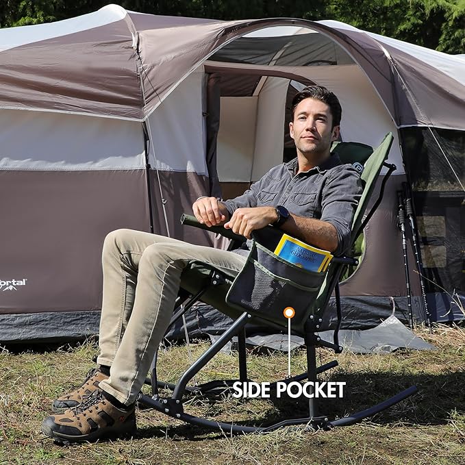 PORTAL Oversized Folding Rocking Camping Chair Portable Outdoor Rocker with High Back Hard Armrests Carry Bag, Supports 400 lbs