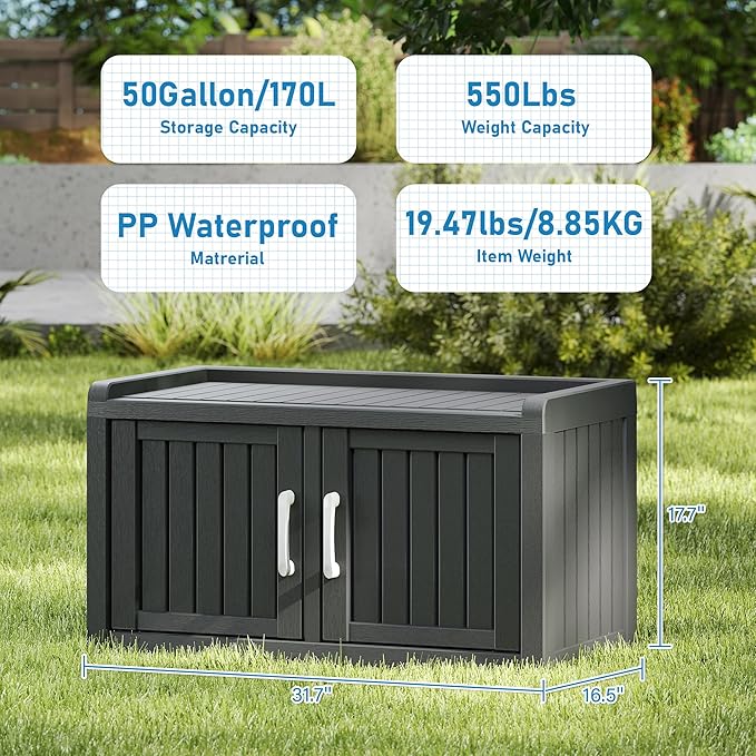 KAMABOKO Outdoor Shoe Storage Cabinet, Waterproof UV-Resistant Entryway Storage Bench Indoor Outdoor with 2 Barn Doors, Adjustable Shelves for Entryway, Bedroom, Hallway,Living Room(Black)