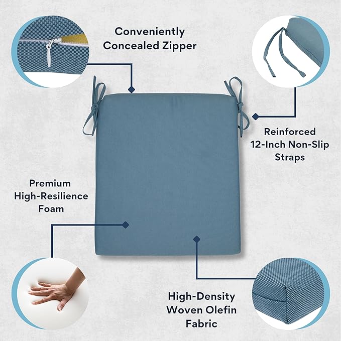 Shine Company Weather-Resistant Outdoor Rocking Chair Seat Cushions, 22"x20", Performance Fabric with Foam Core, Removable Cover with Ties, Set of 2, Blue Gray