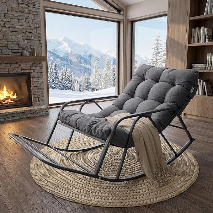 IRONCK Patio Rocking Chair with Armrest and Footrest, Indoor Outdoor Rocking Chair with Cushion, Oversized Lounge Rocker for Garden, Living Room, Balcony, Porch, Gray