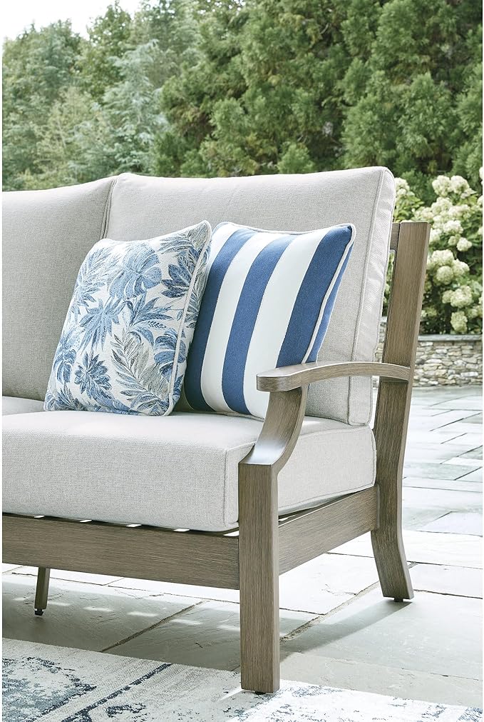 Signature Design by Ashley Rainier Ranch Casual Nuvella Weather Resistant Fabric, Outdoor Sofa with Cushion and 4 Accent Pillows, Light Brown & Light Gray