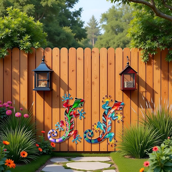 Set of 2 Large Metal Gecko Wall Decor, Outdoor Lizard Wall Art Upgrade Handmade Hanging Sculpture Decoration for Indoor Outdoor Home Garden Yard Fence Patio (2PC Large Gecko)