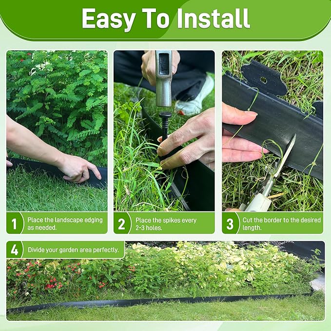 2 Inch x 50FT Landscape Edging Border with 75 Anchoring Spikes, No Dig Garden Border Edging Kit, Plastic Lawn Edging Border for Landscaping Garden Flower Beds Lawn Yard Paver Pathway, Black