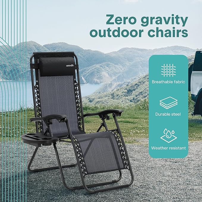 SereneLife Zero Gravity Outdoor Lounge Chairs 2 Pack – Folding Recliners with Side Table, Cup Holder & Padded Headrest – Adjustable Patio Chairs for Lawn, Garden, Deck, Camping (Black)