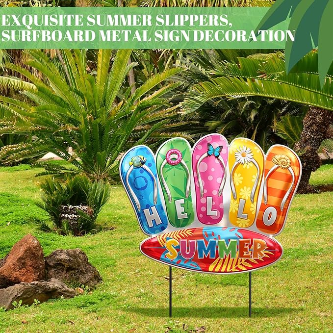 1 Pcs Summer Yard Sign Metal Outdoor Yard Decoration with Stakes Waterproof Garden Lawn Stake Sign Decoration for Patio Lawn Walkway Courtyard Party Decor