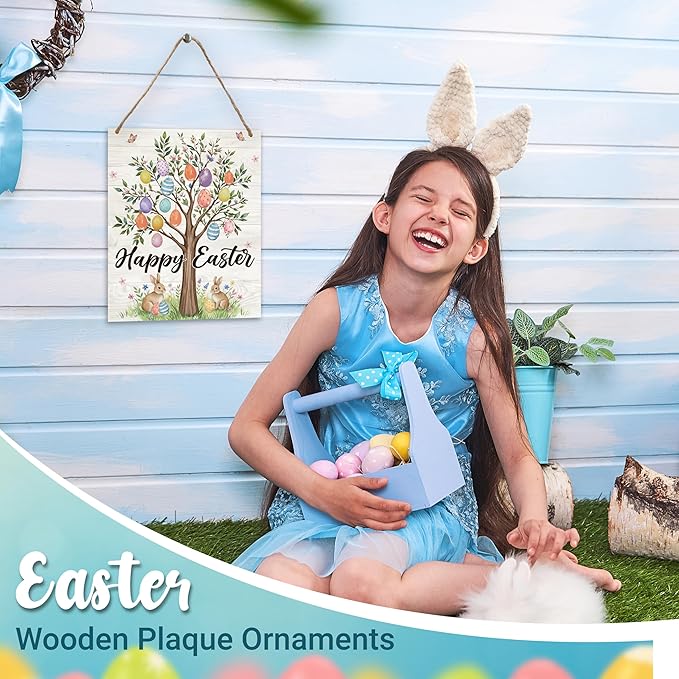 Easter Welcome Sign for Front Door, Happy Easter Door Sign Decor, Bunny Egg Rectangle Wood Sign Hanger for Outdoor Farmhouse Garden Porch Home - C06