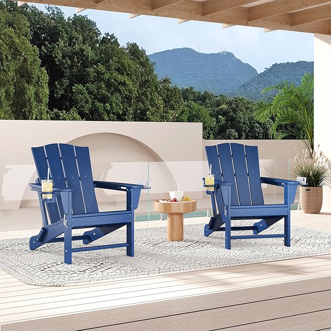 Yaheetech Folding Adirondack Chair Outdoor, HDPE Weather Resistant with Cup/Mobile Phone Holder for Deck, Patio, Pool, Backyard, 380lb Weight Capacity, Easy Assembly, Navy Blue