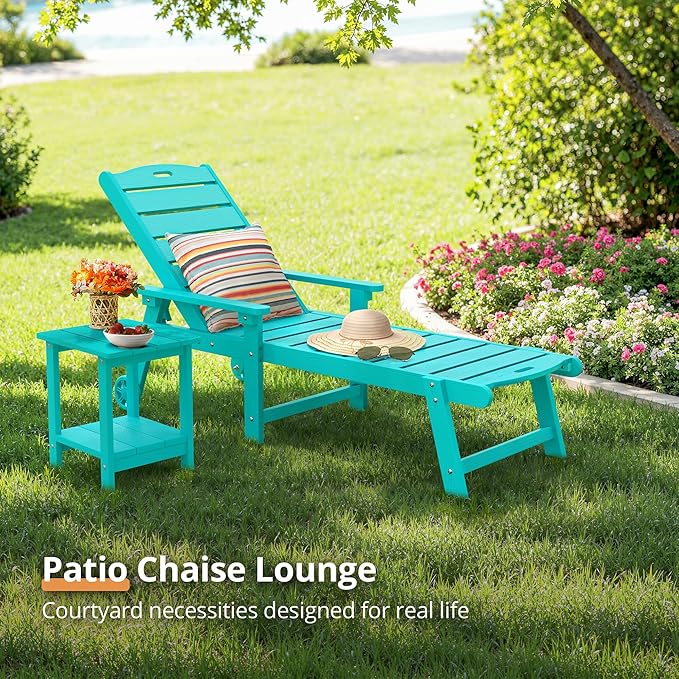LUE BONA Outdoor Chaise Lounge, HDPS Chaise Lounger, 5 Positions Adjustable Lounge Chairs, Pool Lounge Chair with Wheels for Poolside, Backyard, Aruba Blue