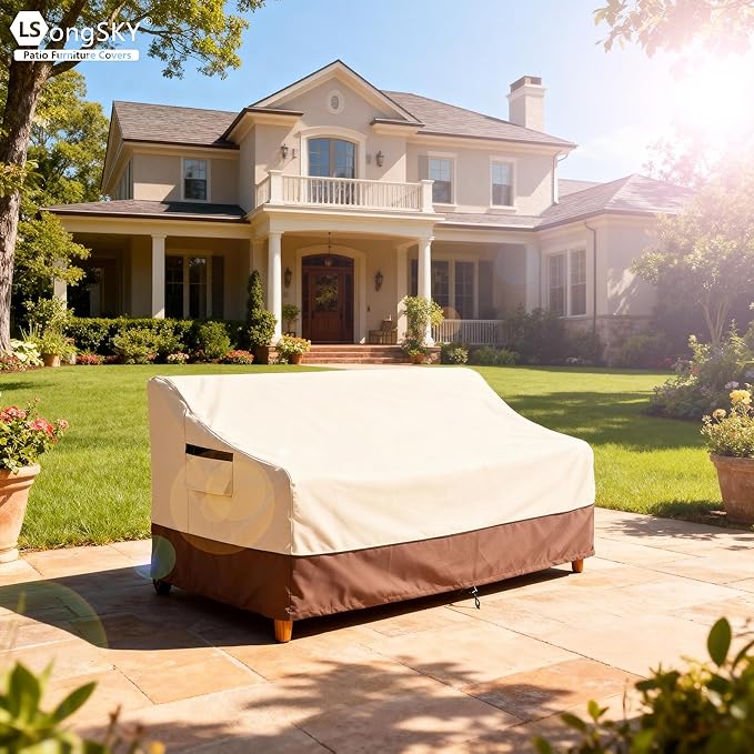 Outdoor 2-Seater Loveseat Cover,Patio Sofa Covers Fits up to 58W x 32.5D x 31H Inches,100% Waterproof Heavy Duty Patio Furniture Covers,Beige&Brown
