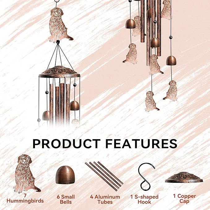 Golden Retriever Wind Chimes for Outside, Decorative Wind Chimes Golden Retriever Gifts for Women, Memorial Windchimes Outdoors with S Hook for Patio Garden Decor, Birthday Gifts for Mom (Copper)
