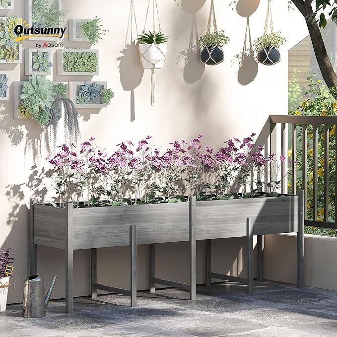 Outsunny Wooden Raised Garden Bed with Legs, Large Elevated Planter Box with Bed Liner and Drain Holes for Vegetables Flowers Herbs, Outdoor and Indoor, 7.4' x 1.8' x 2.6', Gray