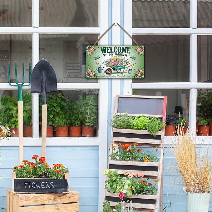 Welcome To My Garden Sign - Green Wooden Hanging Spring Decor for Country Rustic Garage Home Farmhouse Wall Fence Decor Garden Gift for Mothers, Grandmas, and Plant Lovers -A01