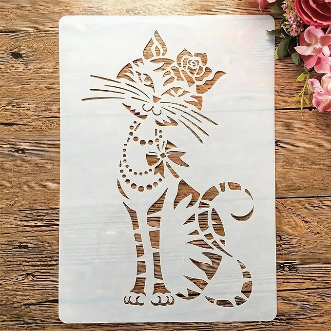 TIAMECH A4 Reusable Flower Cat Stencil for Painting - Beautiful Female Cat Layering Template, DIY Wall Art, Wood Furniture, Scrapbook & Crafts (8.3x11.7inch)