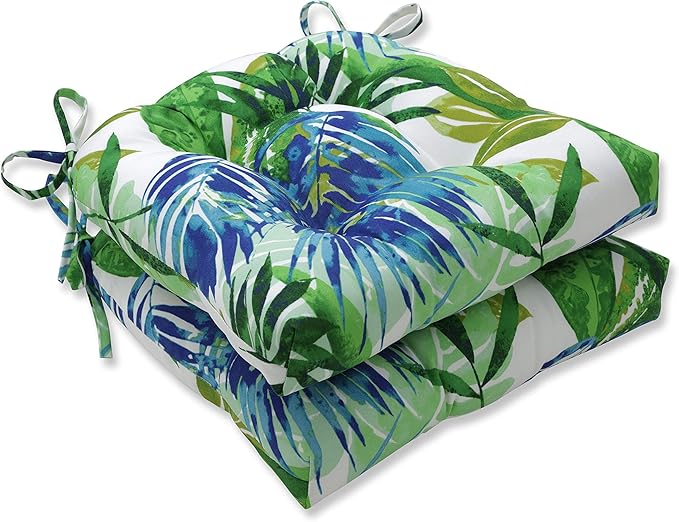 Pillow Perfect Tropic Botanical Indoor/Outdoor Tufted Wicker Seat Cushion With Ties, 2 Count, 17" x 17.5", Blue/Green Soleil