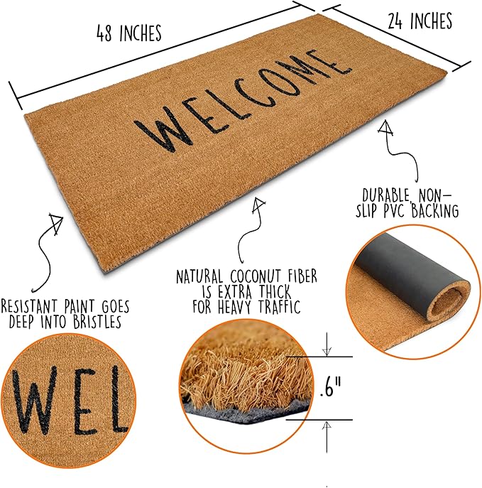 MAINEVENT Welcome Long Door Mat 48x24 Inch, Oversized Welcome Mat for Double Door Covered Outdoor Entrance with Non-Slip PVC Backing