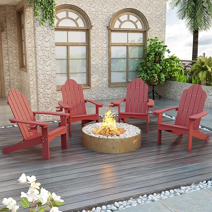 LUE BONA HDPS Adirondack Chairs Set of 2, Fire Pit Outdoor Chair Weather Resistant with Cup Holder, Modern Plastic Chair Plastic for Patio, Deck, Proch, 350LBS, Red
