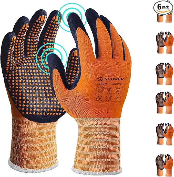 Schwer 6 Pairs LT5619 Work Gloves Micro-Foam Nitrile Coated, Level 4 Abrasion Resistant Nylon Working Gloves with Micro Dot Grip for Men Women, Touchscreen, for Automotive Electronic Assembly, Small