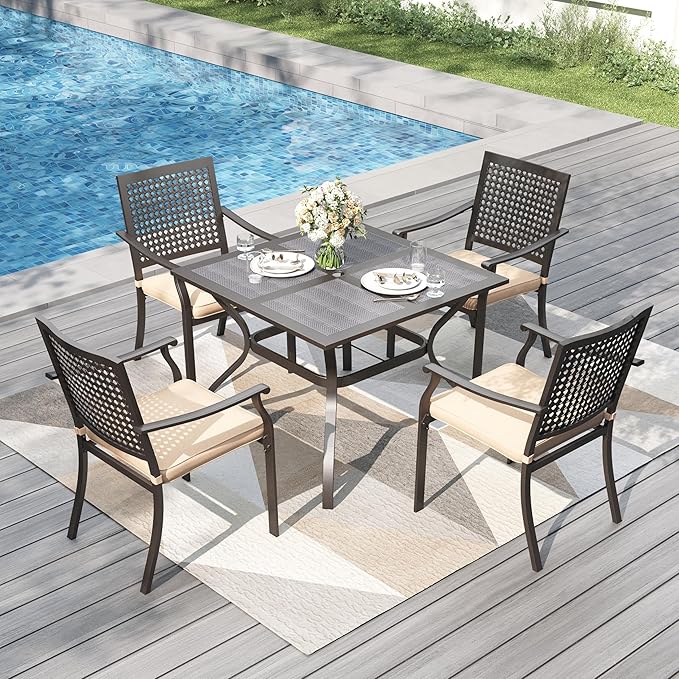PHI VILLA 5 Pieces Outdoor Dining Set for 4, 37" Square Mesh-top Metal Table & Stackable Chairs with Cushions, Heavy-Duty Iron Furniture Set for Patio, Deck, Backyard, Porch