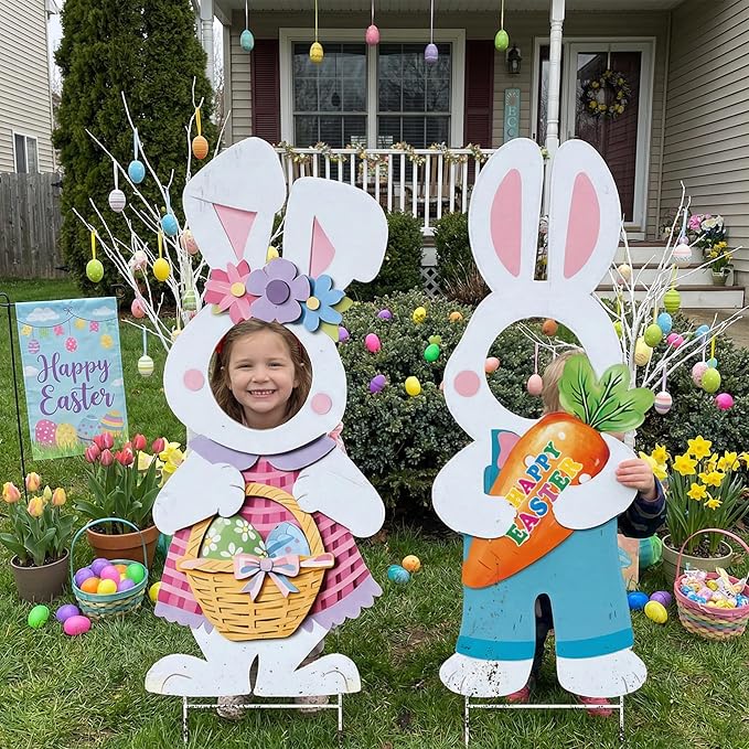2 Pcs Happy Easter Face Yard Signs Decorations Cute Bunny Egg Yard Sign with Stake Photo Props for Spring Easter Egg Hunt Party Supplies Patio Lawn Garden Outdoor Decor