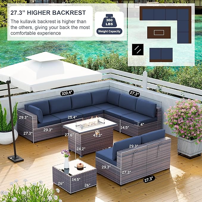 Kullavik 10 Pcs Outdoor Patio Furniture Set with 43" Gas Propane Fire Pit Table PE Wicker Rattan Sectional Sofa Patio Conversation Sets,Navy Blue