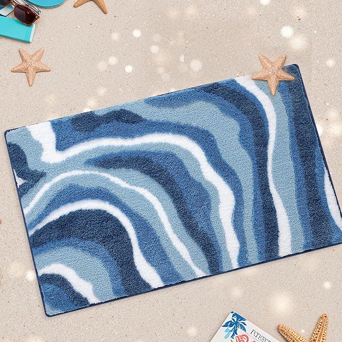 LUMI Absorbent Bathroom Rug Non Slip Rubber Backing, Machine Washable Wave Bath Mat Soft Premium Microfiber, Beach Bath Rugs Quick Dry for Bathtub and Shower Floor, 16"x24"