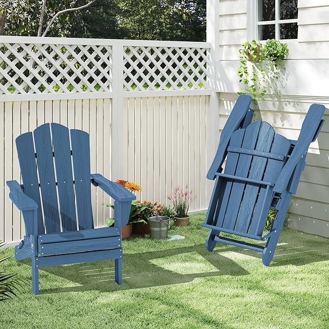 KINGYES Folding Adirondack Chair Set of 8, HDPE All-Weather Adirondack Chair, Navy