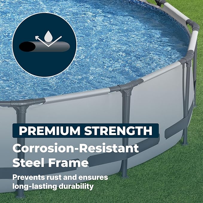 Bestway Steel Pro MAX 14' x 33" Round Above Ground Swimming Pool Set, 530 GPH Filter Pump, Tritech Puncture Resistant Liner, ClickConnect Steel Frame, Gray
