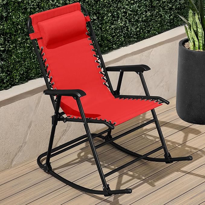 Best Choice Products Outdoor Folding Rocking Chair, Zero Gravity Lounge Chair, Patio Rocker w/Headrest Pillow - Crimson Red