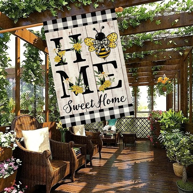 ORTIGIA Home Sweet Home Bee House Flag Double Sided 28x40 Inch, Spring Summer Yellow Flower Buffalo Plaid Check Large Yard Flag Burlap Farmhouse Rustic Outside Outdoor Lawn Patio Decor