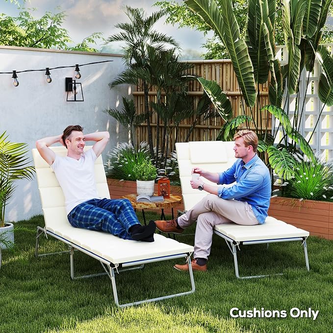Outsunny Outdoor Lounge Chair Cushion Set of 2, 80" x 26" UPF50+ 230gsm Olefin and 25D High-Density Foam, Foldable Patio Chaise Lounge Cushion Set, Fade Resistant for Lawn Pool, Cream White