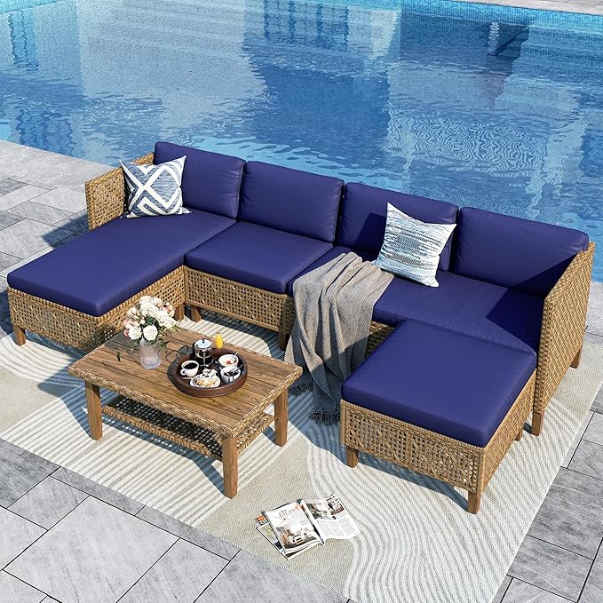 Sophia and William 5-Piece Wicker Patio Furniture Set, L-Shaped Outdoor Sectional Sofas with Ottoman and Acacia Wood Coffee Table, Rattan Conversation Set wtih Cushions, Blue