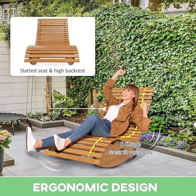 Outsunny Outdoor Rocking Chaise Lounge Chair, S Shape Wooden Rocking Chair with Slatted Seat and High Back, Rocking Patio Lounger for Porch, Backyard, Garden, Light Brown