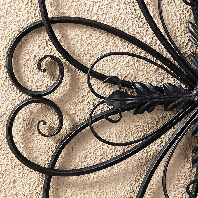 Glitzhome Black Metal Wall Art Decor, 20 Inch Iron Wall Decor with Heart and Petal Scroll Design, Indoor Outdoor Wall Accent for Garden Porch Patio