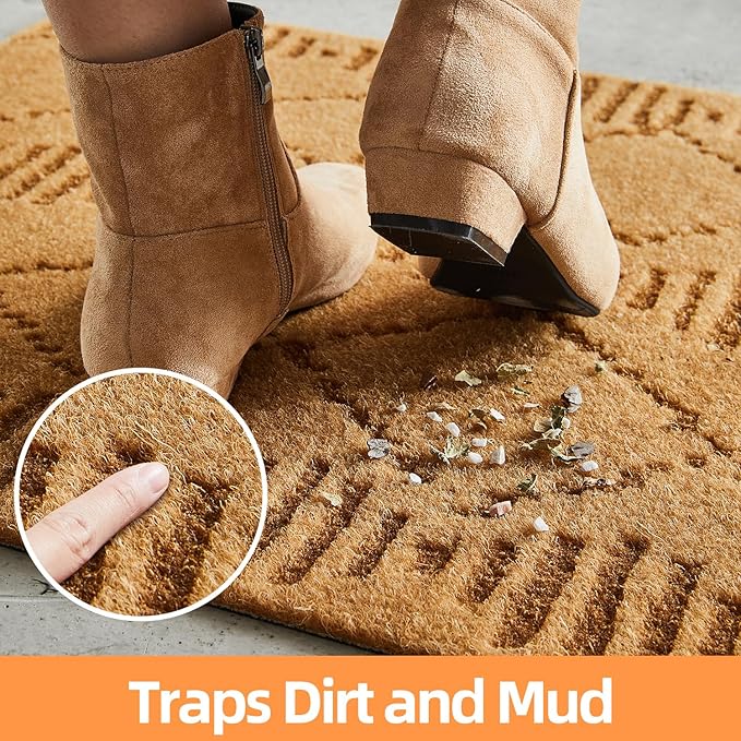 Front Door Mat Indoor Outside Entrance, Heavy Duty Dirt Trapper Coir Doormat with Non Slip Backing Entryway Rug for Front Back Door, 17x30, Brown