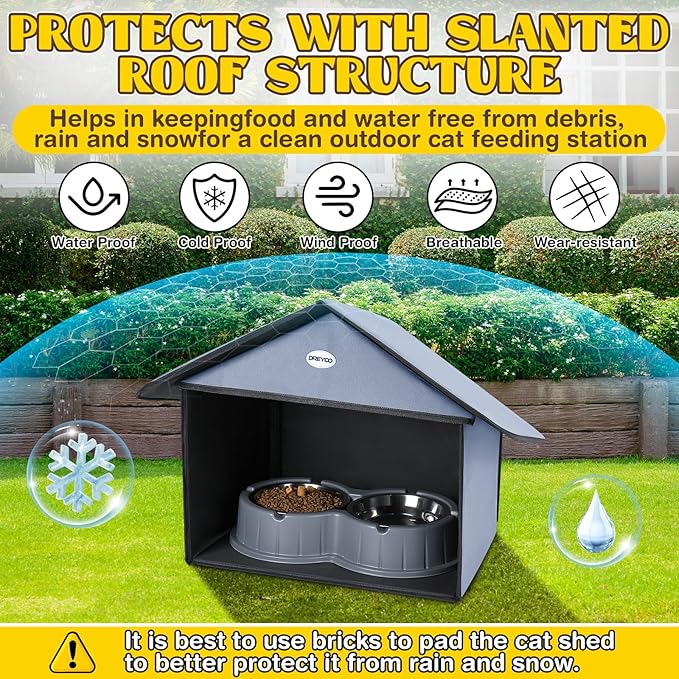 Dreyoo Outdoor Cat Feeding Station for Food & Water, Weatherproof Outdoor Kitty Dining Room Cat Shelter for Stray, Feral Cats and Community Cats, 13”d x 17”w x 15.5'h(1 Pack,Dusty Blue)
