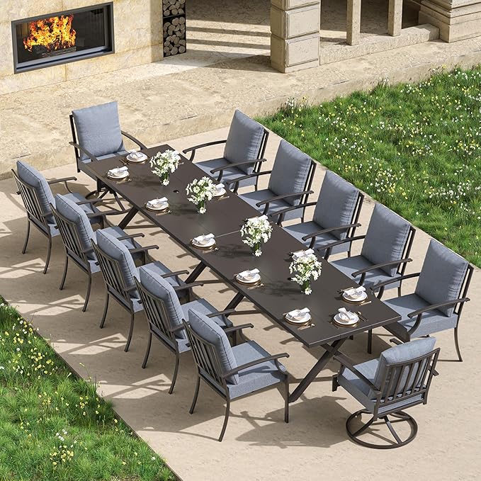 Kullavik 14 PCS Outdoor Dining Table Set for 12,Fence Pattern Back Chairs & Swivel Chairs,Iron Longboard X-Leg Table w/Parasol Hole,Patio Furniture Set for Backyard,Garden,Poolside-Grey