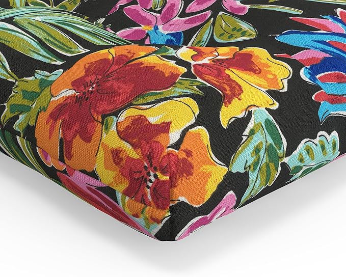 Pillow Perfect Tropic Floral Indoor/Outdoor Chairpad with Ties, Tufted, Weather, and Fade Resistant, 17" x 17.5", Paradise Island Black, 2 Count