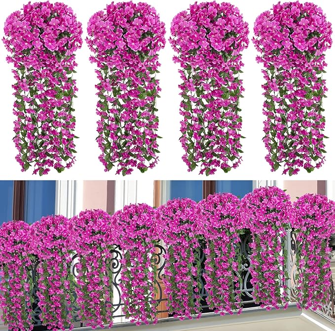 Ouddy Decor 4 Pcs Artificial Hanging Flowers Fake Hanging Plants Violet Flowers Vine Garland for Indoor Outdoor Garden Patio Yard Porch Home Wedding Decoration, Fuchsia