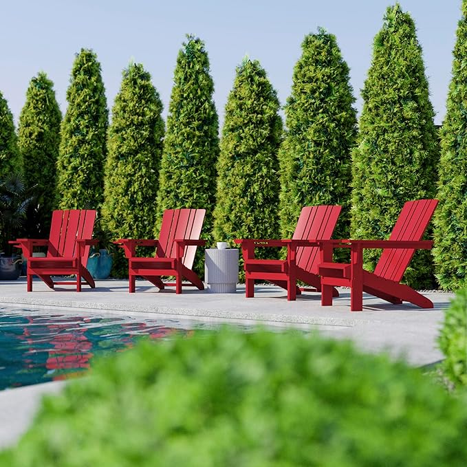 Flash Furniture Halifax Adirondack Chairs with Cup Holders, Weather Resistant Poly Resin Adirondack Chairs, Set of 4, Red