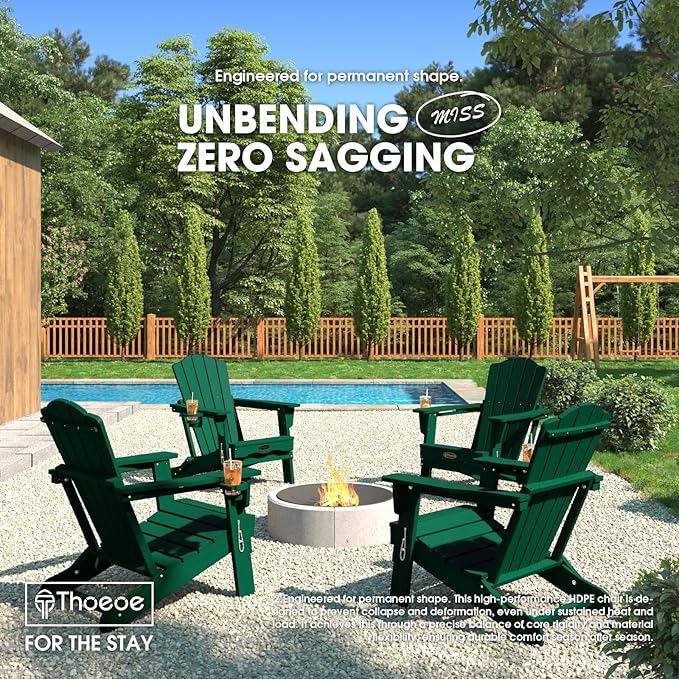 Folding Adirondack Chair Set of 8,HDPE All-Weather Outdoor Chair with Cup Holder,Wooden Textured,Fire Pit Chair,Plastic Patio Chair for Deck,Backyard,Garden,Lawn(Green)